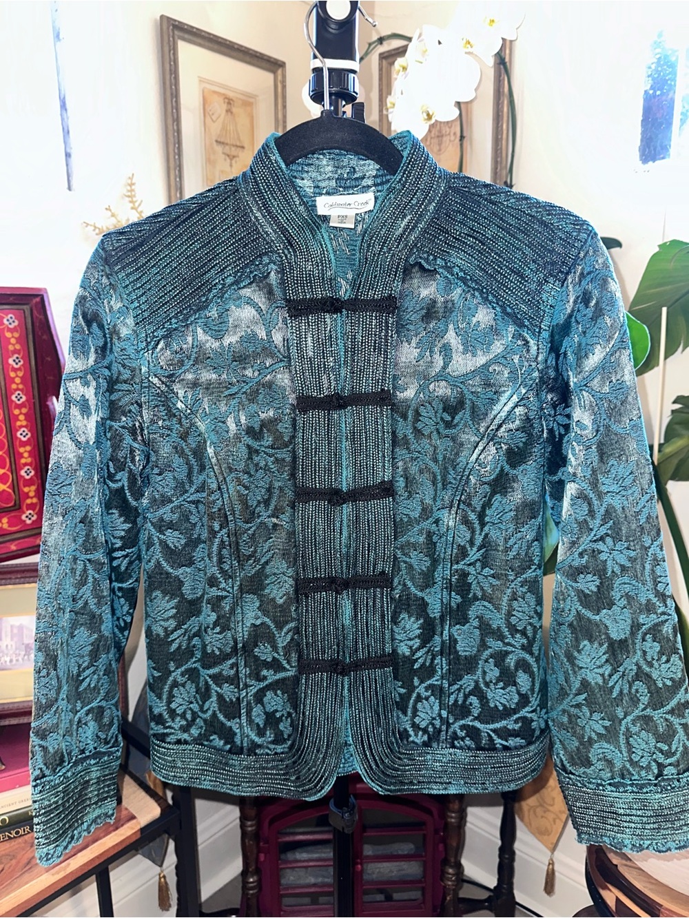 Coldwater Creek Teal Floral Brocade Kimono Jacket Frog Closures Size PXS